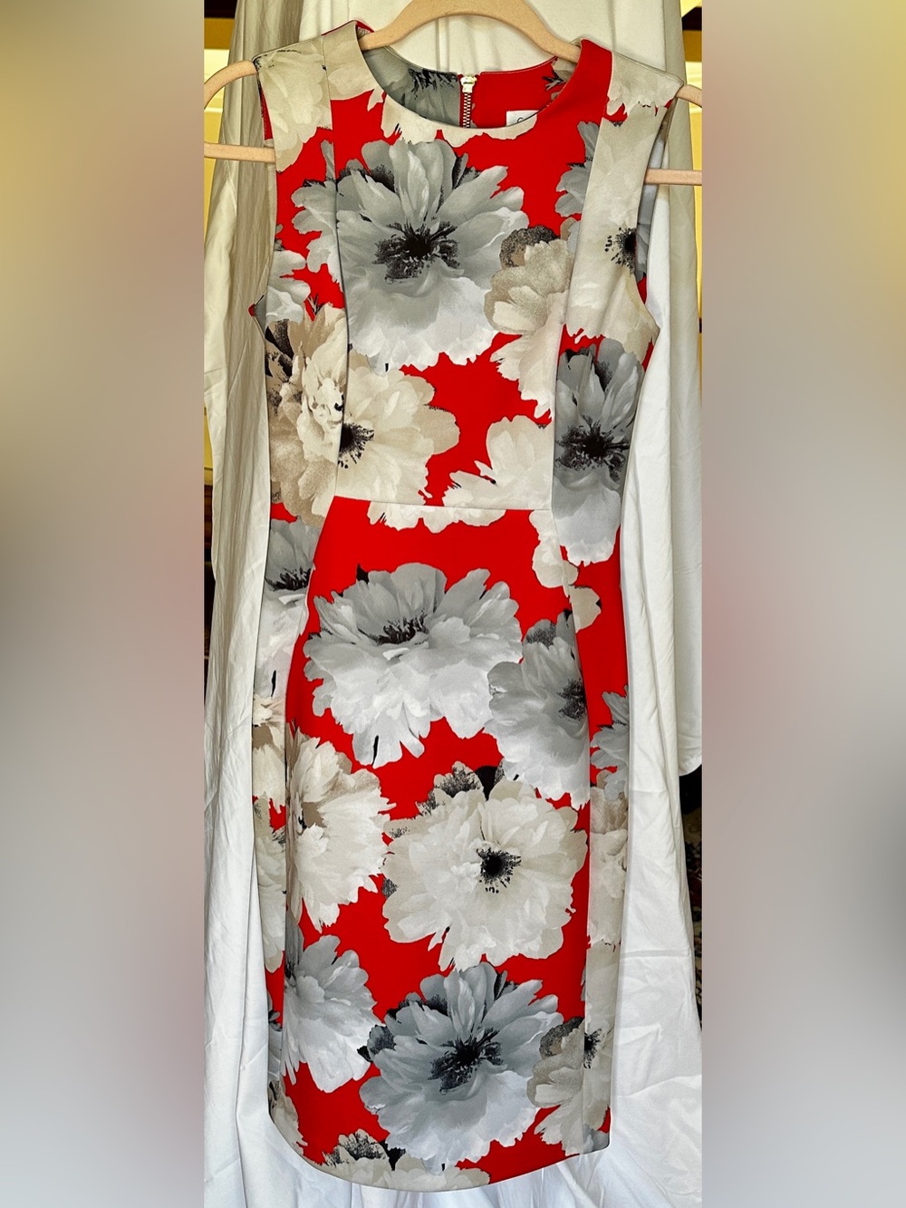 Calvin Klein Red Floral Midi Dress with Gray and Cream Blooms